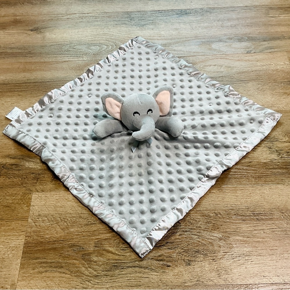 Elephant Baby Lovey Security Blanket Minky Dot Satin Back 16” Gray Pro Goleem To